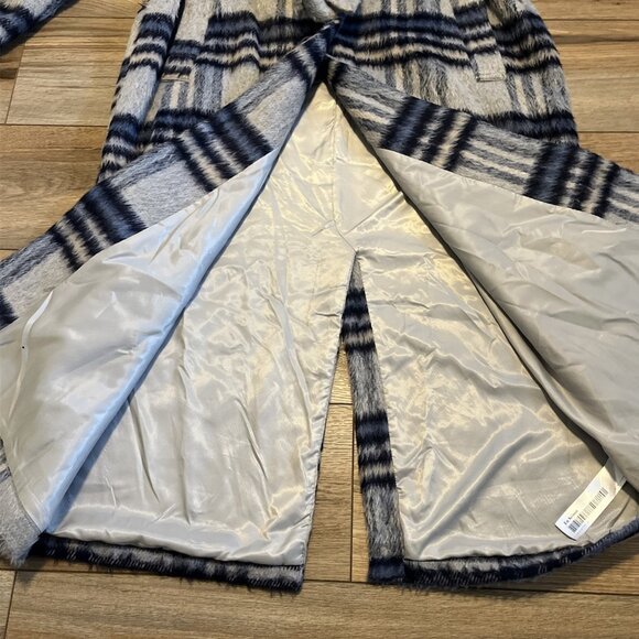 En Saison Demi Plaid Belted Coat SZ Medium Navy Gray Multi Long Fuzzy - Picture 8 of 14